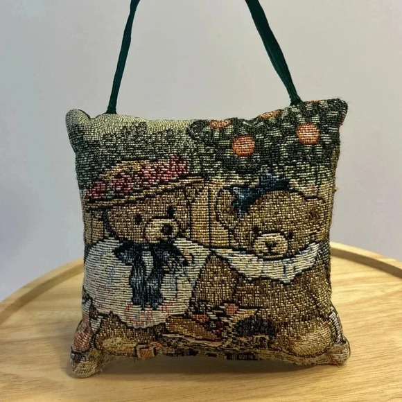 Vintage Small Tapestry Pillow Mini Door Hanger Victorian Teddy Bear Pillow 6x6” - Picture 1 of 4